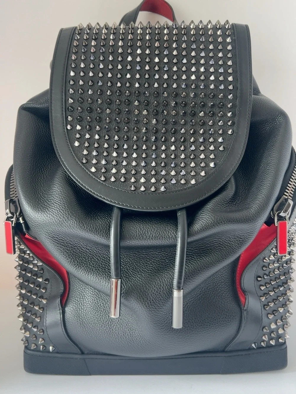 Christian Louboutin SPIKED EXPLORAFUNK Black Leather Studded Backpack Red